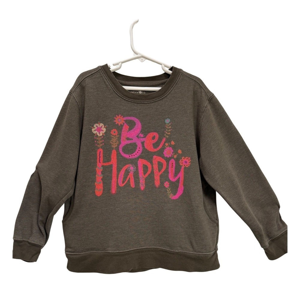 Natural Life Sweatshirt Brown Be Happy Floral Pockets SZ 10-12 Back to School